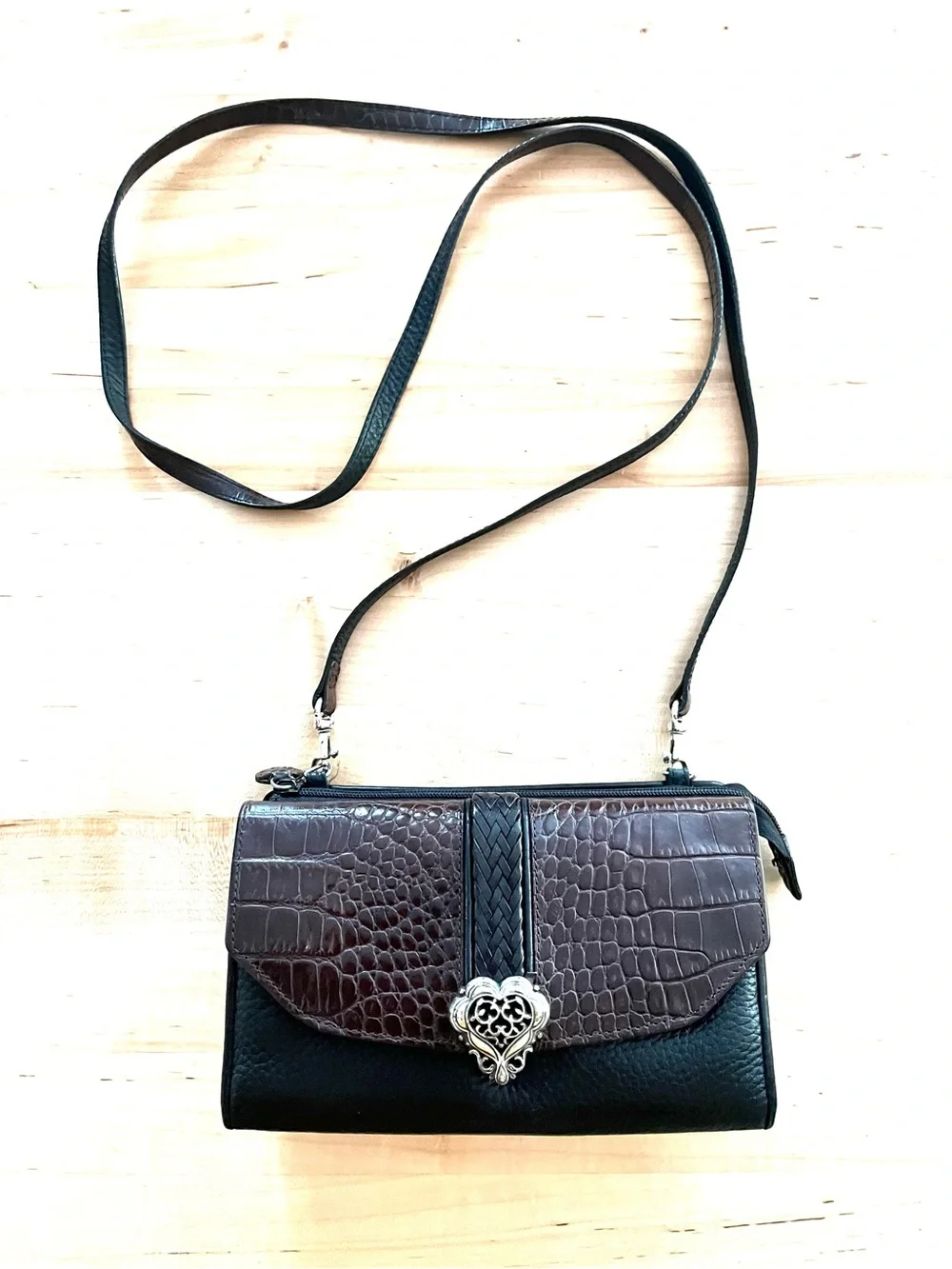 Brighton Nepal Organizer Black and Brown Croc-Textured Crossbody Bag